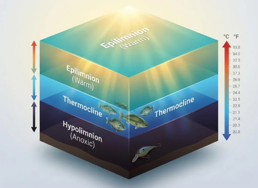 A 3D cross-section diagram of a pond showing three thermal layers: the warm Epilimnion at the top, the transitional Thermocline in the middle, and the dark, anoxic Hypolimnion at the bottom. A school of fish is shown squeezed into the middle layer, illustrating the "Squashing Effect" during summer.