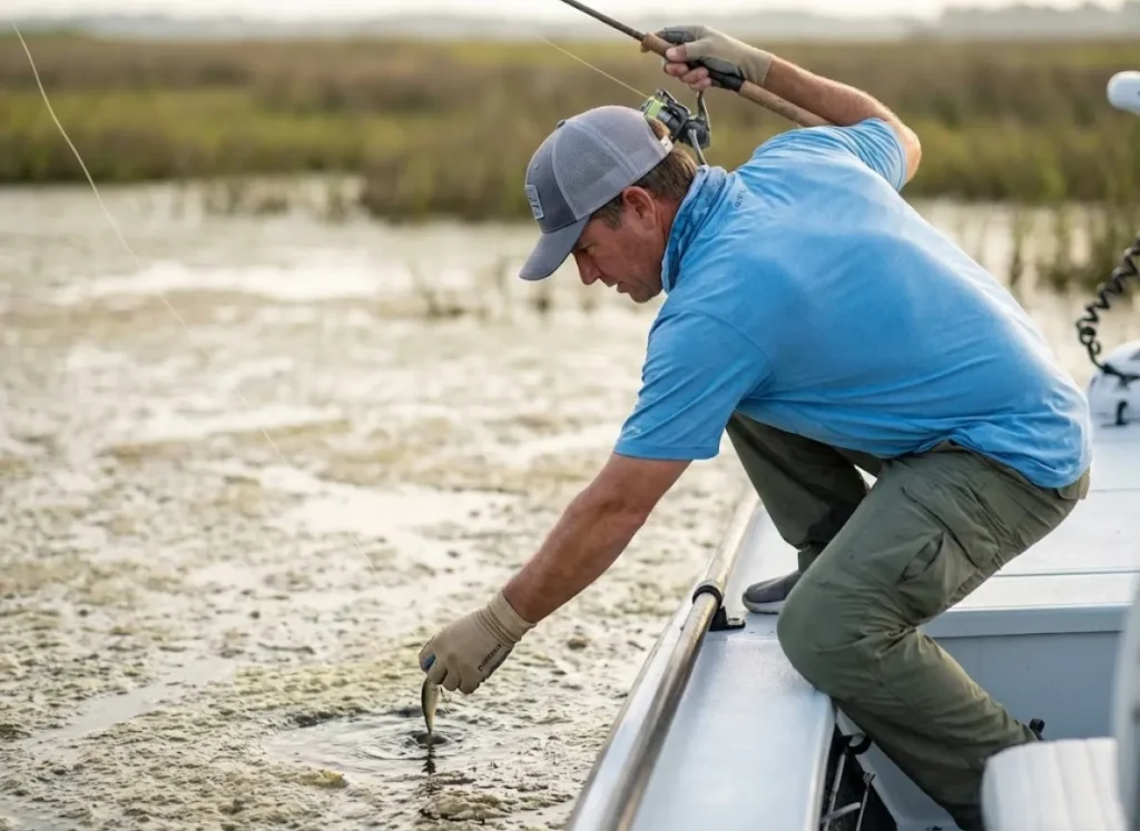 Angler carefully dropping a fishing lure into a small hole in a dense grass mat.