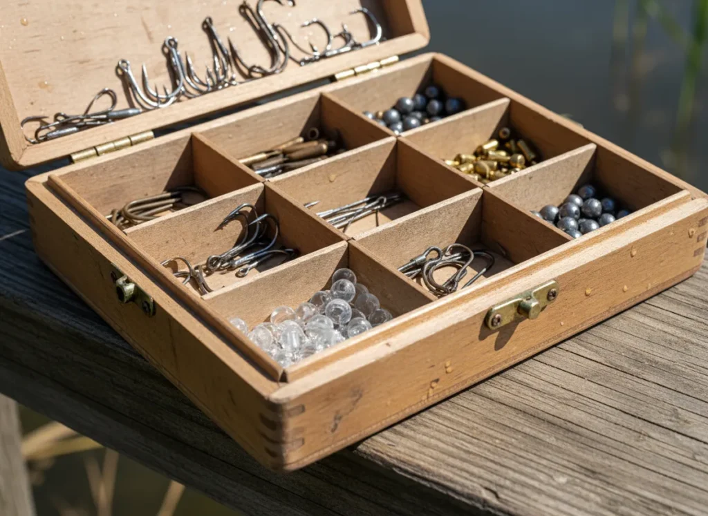 A top-down view of a rustic wooden tackle box filled with an organized array of fishing hooks, sinkers, swivels, and beads.