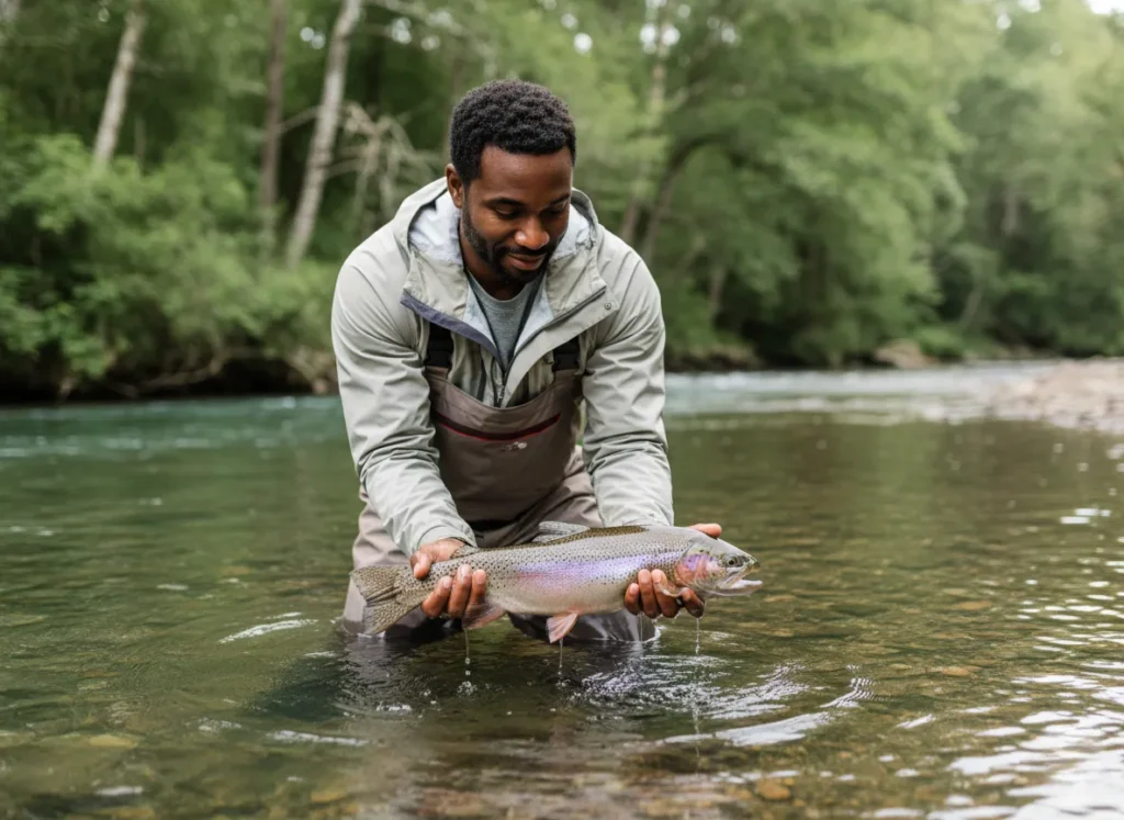 An angler standing in a clear river, gently holding a trout in the water with both hands before releasing it, embodying sustainable fishing.