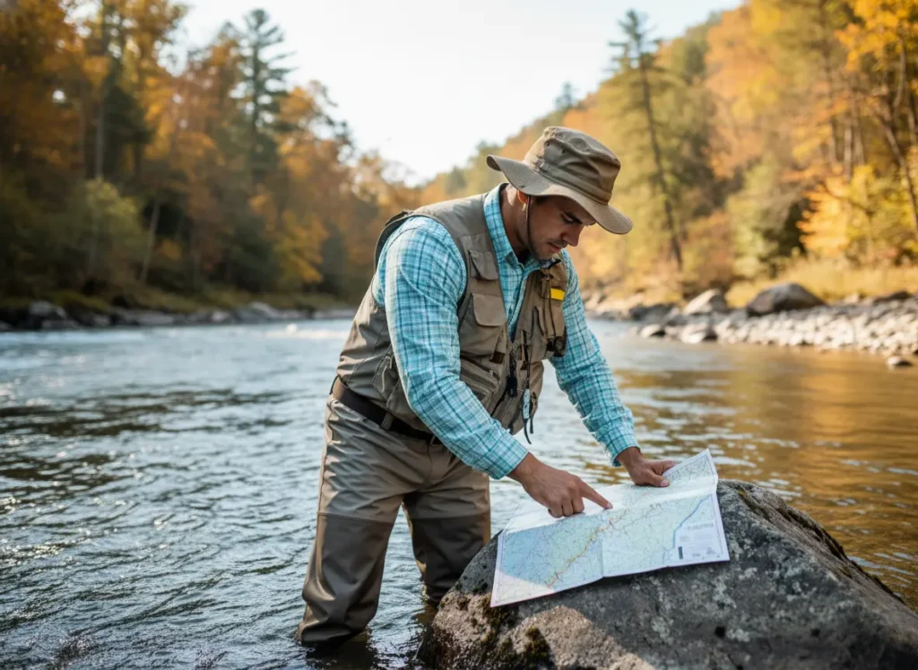 A handsome, muscular man in boardshorts stands in a river studying a fishing map on a large rock.