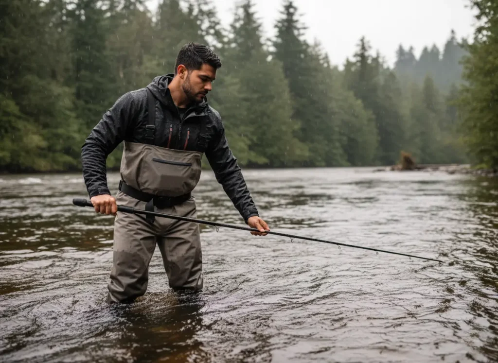 A male angler carefully wading in a swift river using a wading staff and a wading belt for safety.