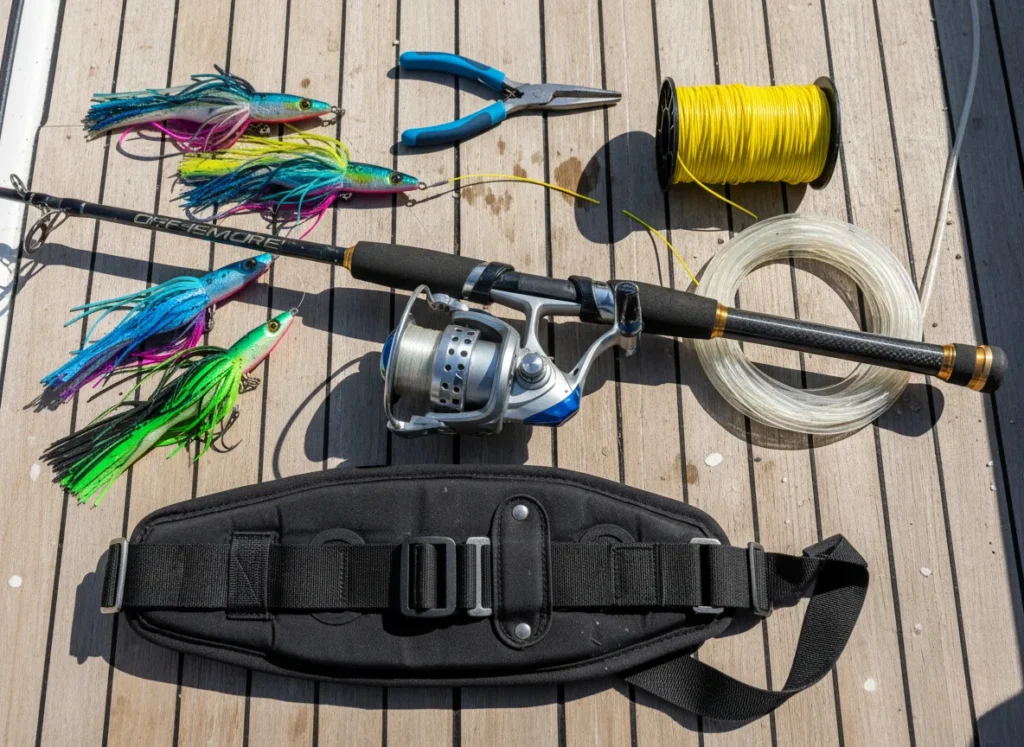 An organized layout of offshore fishing gear, including a rod, reel, lures, and tools, on the wooden deck of a boat.