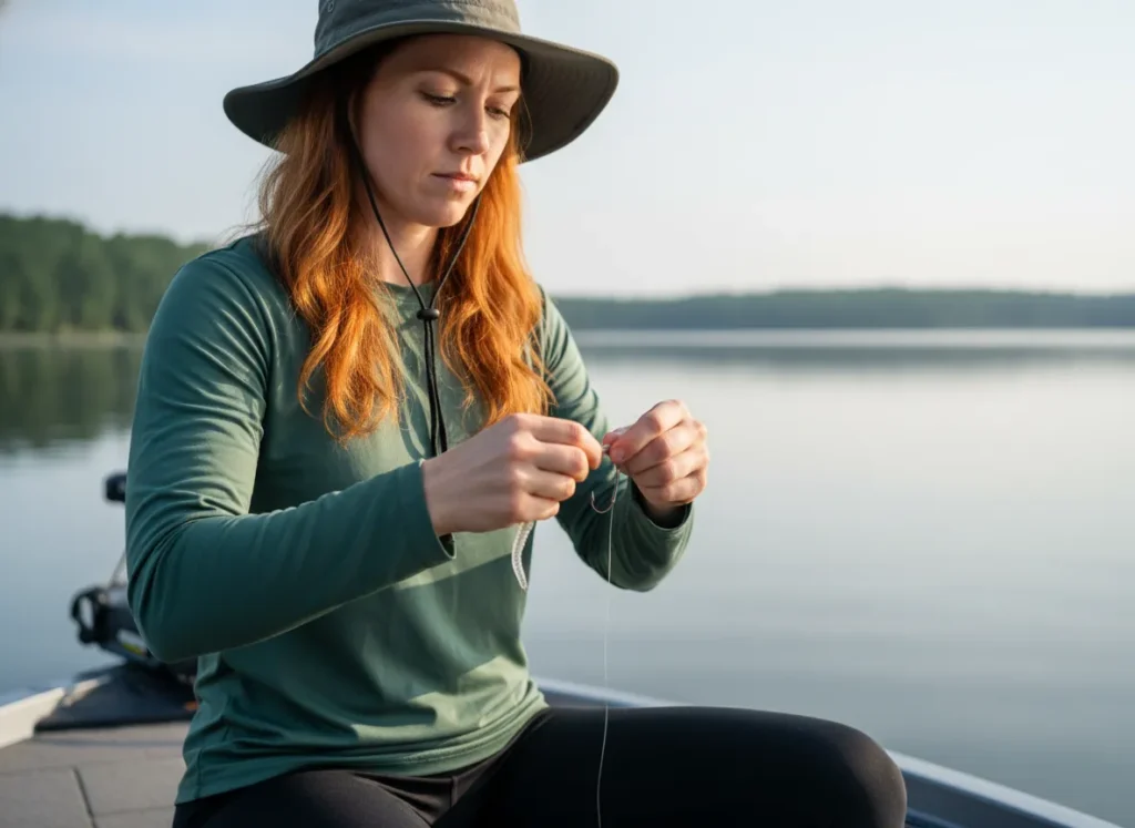 A focused redhead woman in fishing apparel tying a Texas Rig on her line while sitting on the edge of a boat on a calm lake.