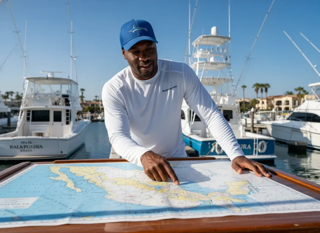 A man in his late 30s wearing a fishing shirt plans a trip by pointing at a nautical chart of Baja on a boat in a marina.