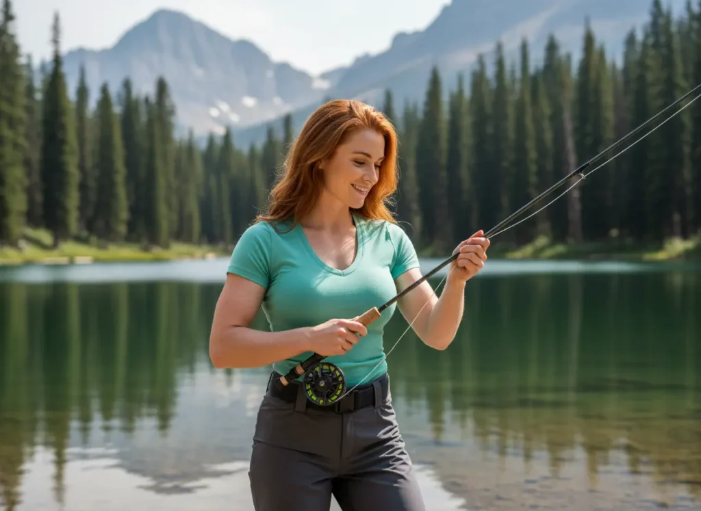 A beautiful woman of Asian descent assembles her new fly rod and reel combo by a mountain lake.