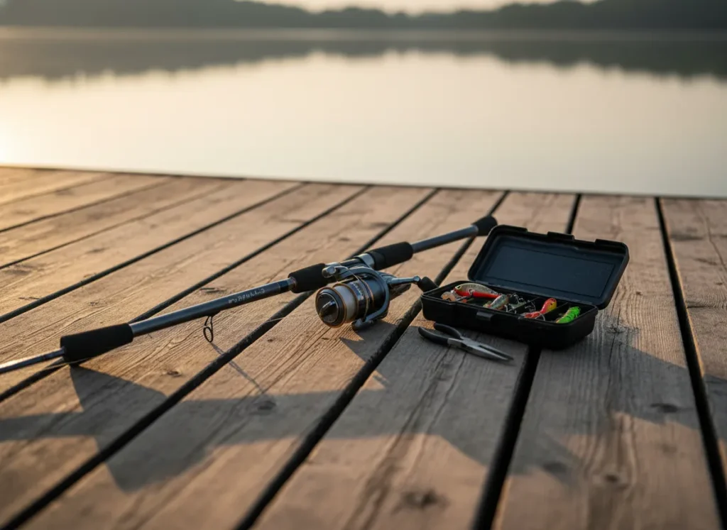 A collection of the best budget fishing gear for 2025, including a rod, reel, and lures, displayed on a wooden dock.