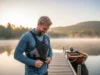 The Definitive Guide to Fishing Safety: Gear & Tips A man in his early 30s stands on a dock at sunrise, checking his personal flotation device before a fishing trip.