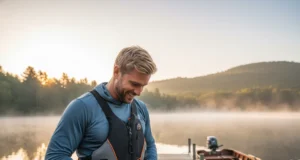 The Definitive Guide to Fishing Safety: Gear & Tips A man in his early 30s stands on a dock at sunrise, checking his personal flotation device before a fishing trip.