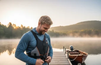 The Definitive Guide to Fishing Safety: Gear & Tips A man in his early 30s stands on a dock at sunrise, checking his personal flotation device before a fishing trip.