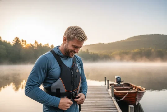 The Definitive Guide to Fishing Safety: Gear & Tips A man in his early 30s stands on a dock at sunrise, checking his personal flotation device before a fishing trip.