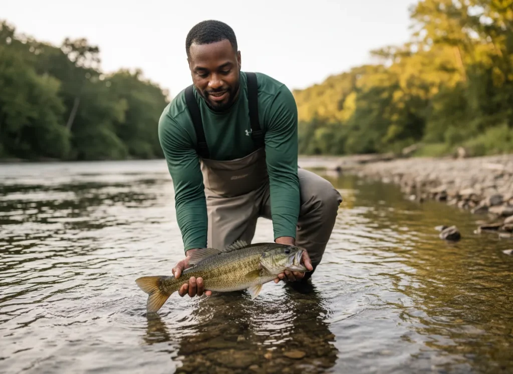 An ethical angler carefully revives a smallmouth bass in the river current before releasing it, demonstrating sustainable fishing practices.