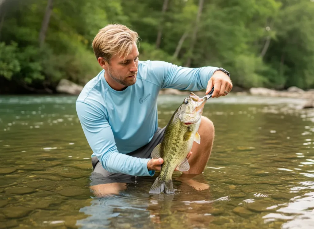 An angler carefully handling a largemouth bass in the water, practicing ethical catch-and-release fishing.