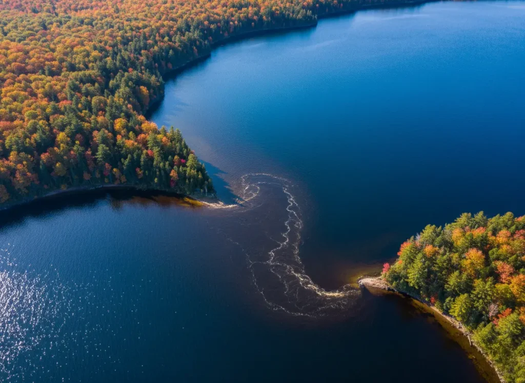 A high-angle view of a dark, nutrient-rich river flowing into the clear blue water of a Great Lake.