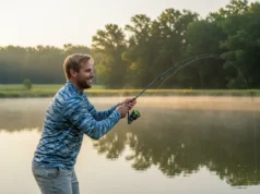 The Pond Fishing System: Gear, Lures & Proven Techniques A man in his early 30s wearing a performance fishing shirt, smiling as he casts a spinning rod into a misty pond at sunrise.