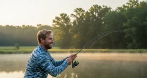 The Pond Fishing System: Gear, Lures & Proven Techniques A man in his early 30s wearing a performance fishing shirt, smiling as he casts a spinning rod into a misty pond at sunrise.