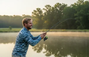 The Pond Fishing System: Gear, Lures & Proven Techniques A man in his early 30s wearing a performance fishing shirt, smiling as he casts a spinning rod into a misty pond at sunrise.