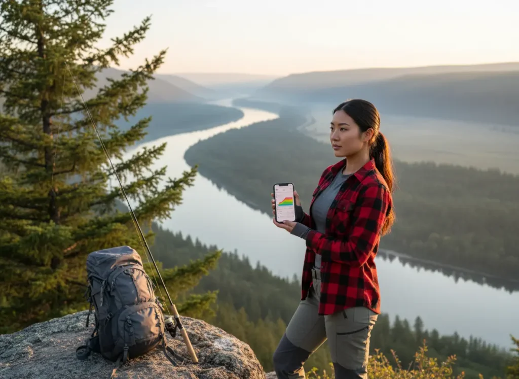 A female angler checking river data on her smartphone while overlooking a river valley.