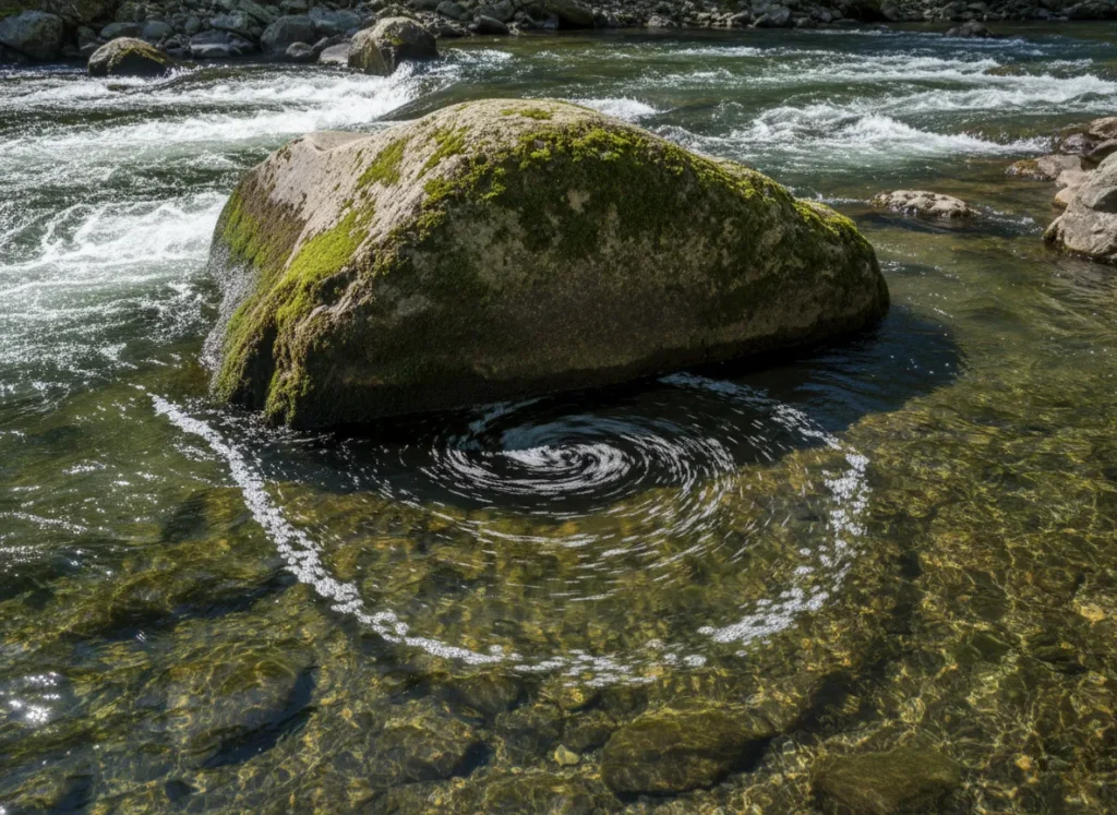 A large boulder in a river demonstrates the science of flow, showing the eddy, current seam, and slower water it creates.
