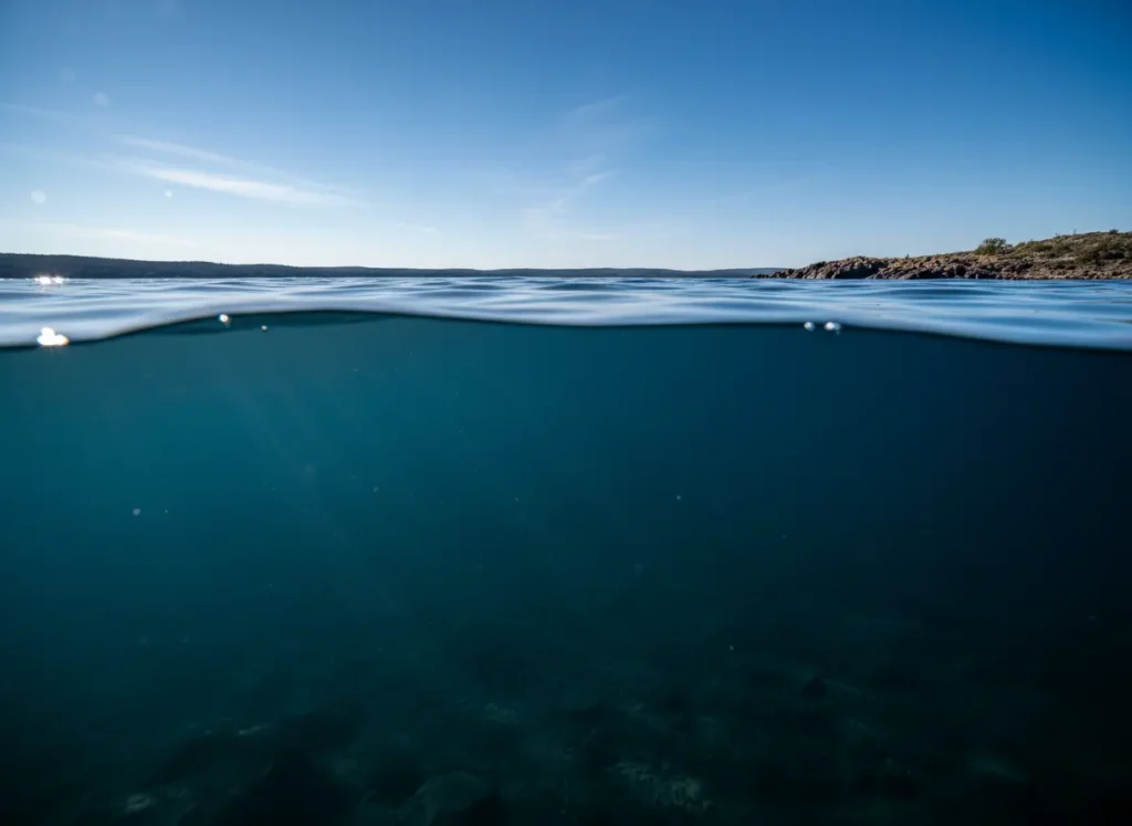 An underwater split-shot showing the dark, high-pressure depths below and the bright, low-pressure surface above, illustrating a pressure gradient.