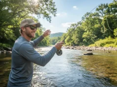 The Science of Smallmouth Bass: Facts for Smarter Angling A man in his early 30s wearing a sun shirt and cap smiles while fly fishing in a clear, rocky river.