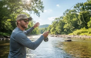 The Science of Smallmouth Bass: Facts for Smarter Angling A man in his early 30s wearing a sun shirt and cap smiles while fly fishing in a clear, rocky river.