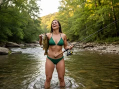 The Smallmouth Bass Blueprint: A Step-by-Step Guide A beautiful woman in a bikini joyfully holding a smallmouth bass and a fishing rod while standing in a clear river.