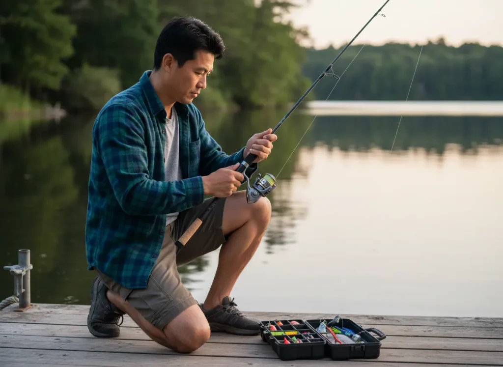 A focused man kneeling on a dock, carefully matching a fishing reel to his rod with an open tackle box nearby.