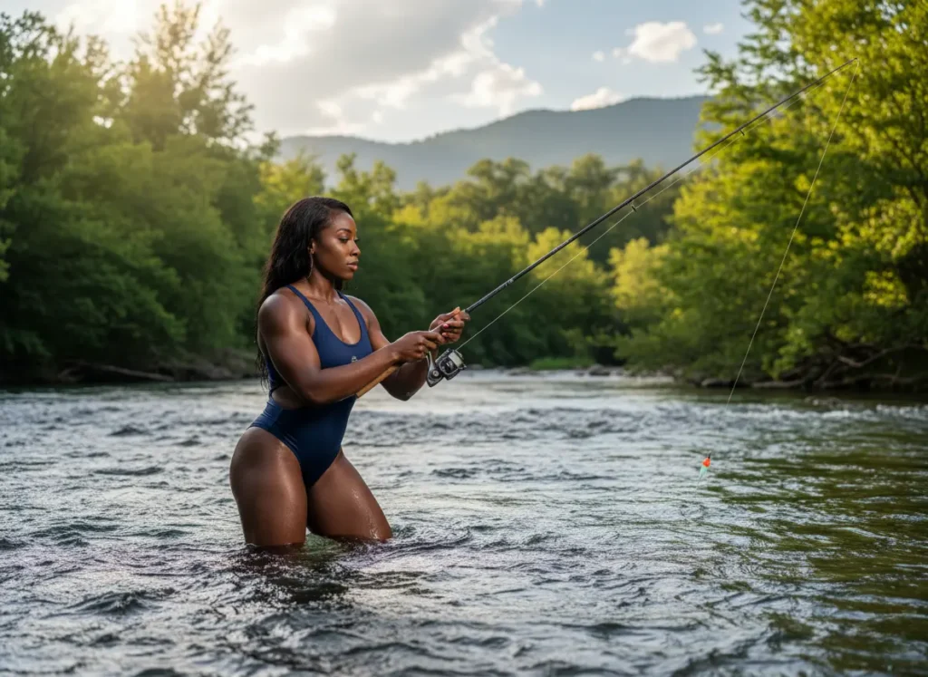 A beautiful Black woman with an athletic hourglass figure in a one-piece swimsuit is float fishing in a river.