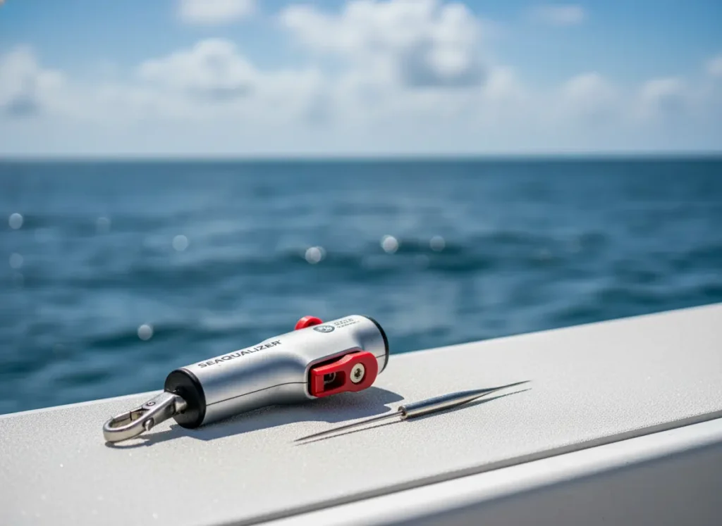 A descending device and a venting tool lying side-by-side on a boat's gunwale, comparing the two methods for treating barotrauma.