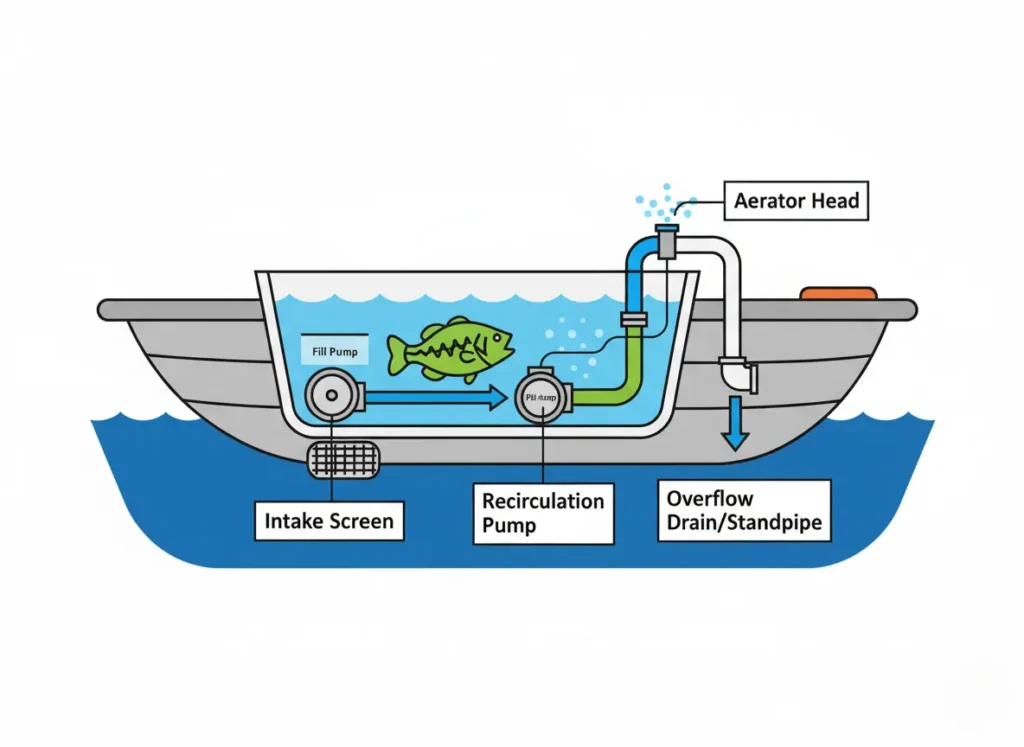 An infographic diagram showing the components of a tournament livewell. It illustrates the flow paths for the fill pump, recirculation pump, intake screen, overflow drain, and aerator head in a boat's hull.