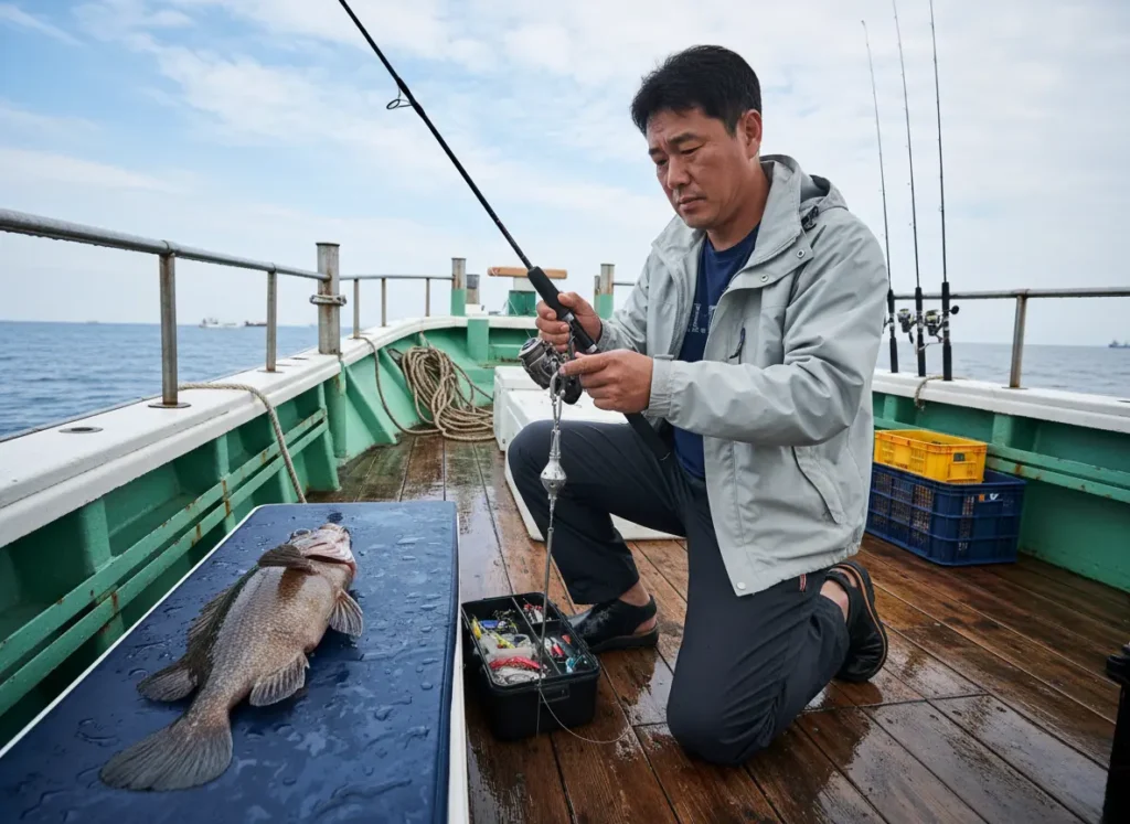 A focused male angler preparing a descending device on his boat to safely release a fish suffering from barotrauma.