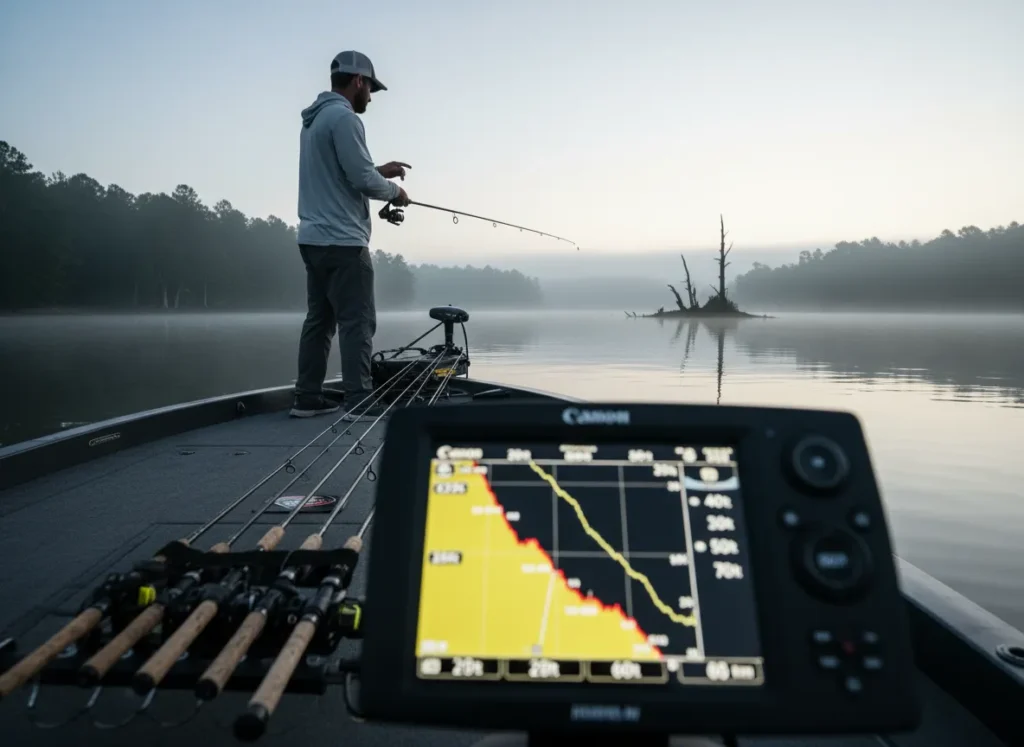Angler on a boat pointing toward a shore landmark to triangulate a fishing spot, with a fish finder screen in the foreground.