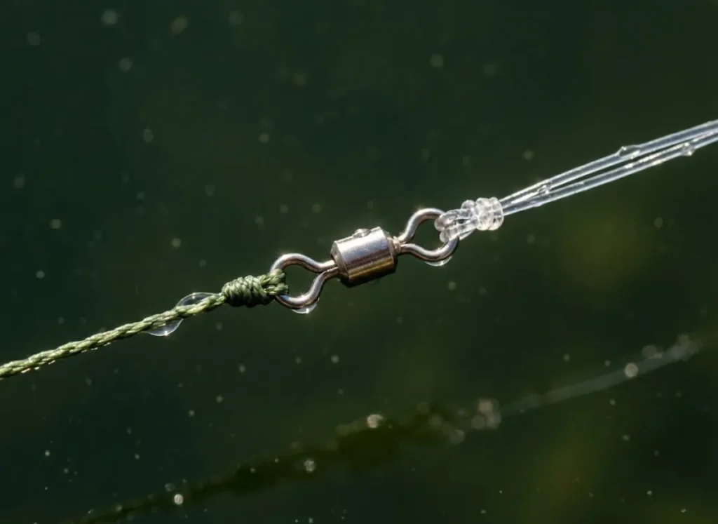 Macro shot of a swivel hook mechanism used to prevent line twist on a drop shot rig.