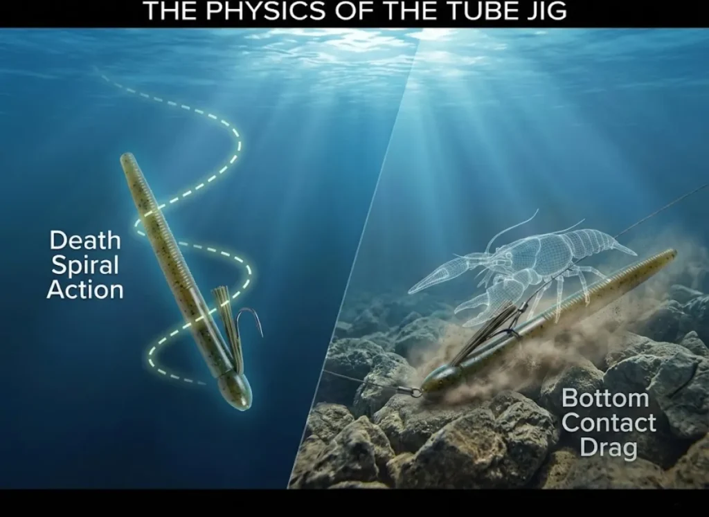 A split-screen underwater technical illustration comparing two Tube Jig fishing techniques. The left side shows the "Death Spiral" falling action with a motion path, while the right side shows the "Bottom Drag" mimicking a crayfish on rocks.