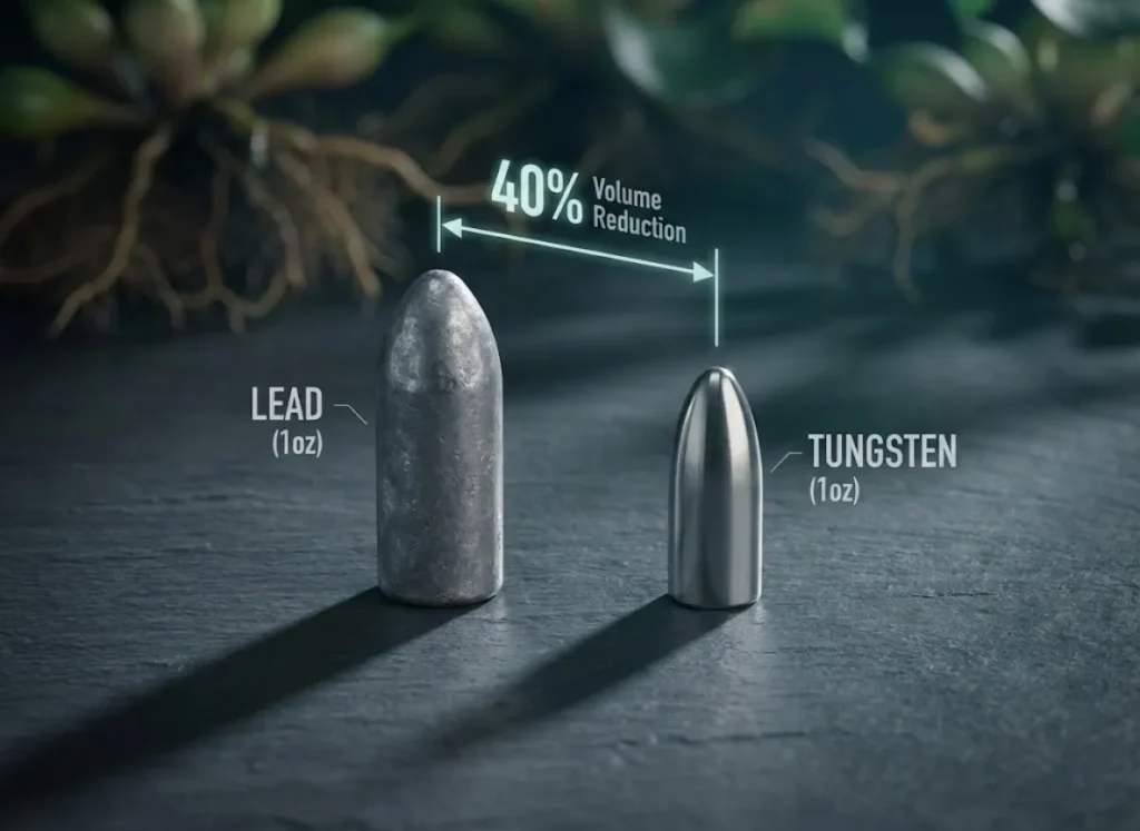 A high-definition, split-view visual comparison showing a bulky 1oz lead fishing weight beside a compact 1oz tungsten weight. The image illustrates the hydrodynamic size difference required for punching through heavy aquatic vegetation.