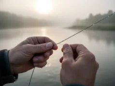 How to Tie a Leader: 3 Best Knots for Every Setup Close-up of an angler's hands tying a fishing leader knot near a misty river at sunrise.
