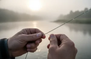 How to Tie a Leader: 3 Best Knots for Every Setup Close-up of an angler's hands tying a fishing leader knot near a misty river at sunrise.