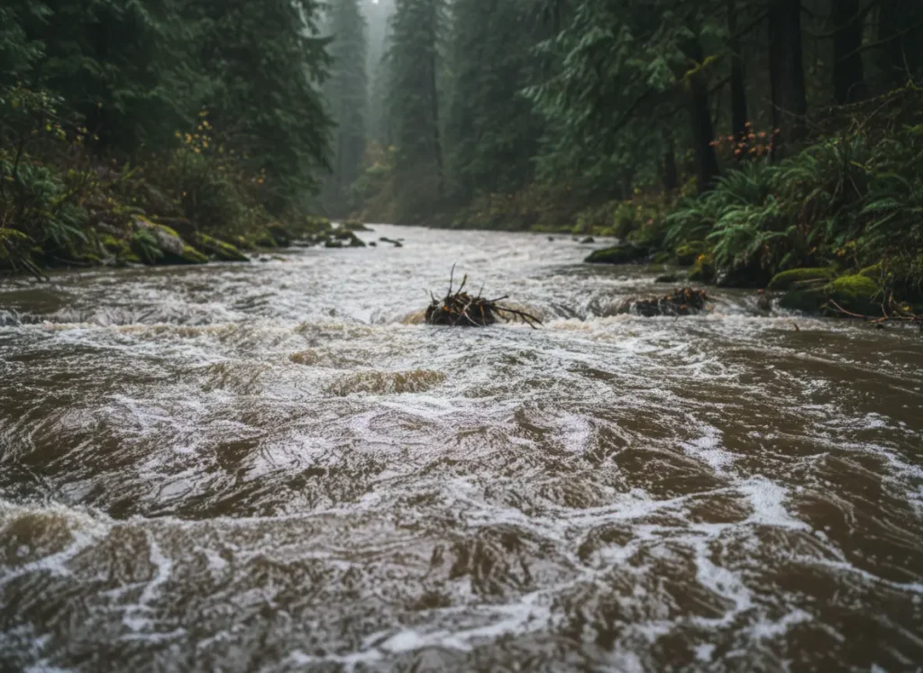 A close-up view of a muddy, swollen river in flux after a significant rainfall.
