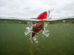 How Do Fish See Underwater: The Lure Color Guide A split-level view of a red fishing lure splashing into green lake water, showing bubbles and the shift in light visibility underwater.