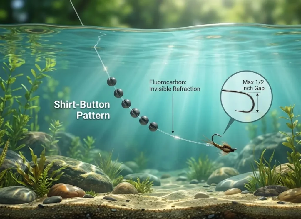 A stunning, high-definition infographic diagram of a 'Universal Legal Fishing Rig' underwater. The image illustrates a single hook with a restricted gap, evenly spaced split-shot weights, and invisible fluorocarbon line against a backdrop of crystal-clear water and riverbed textures.