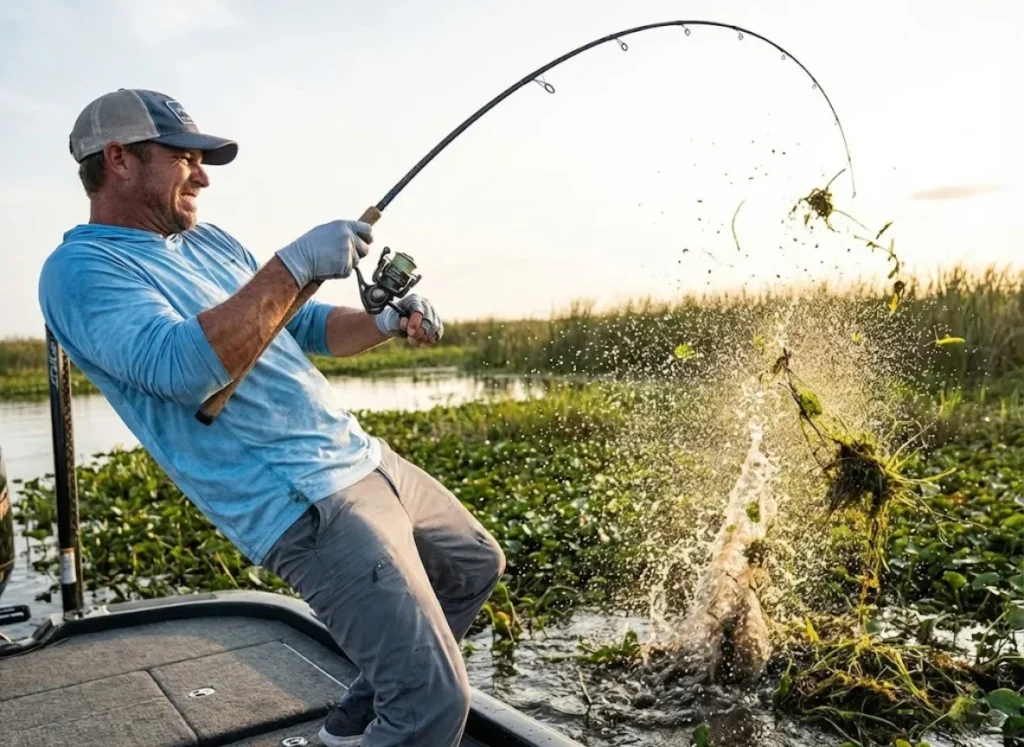 Angler setting the hook violently in heavy cover with water and weeds spraying into the air.