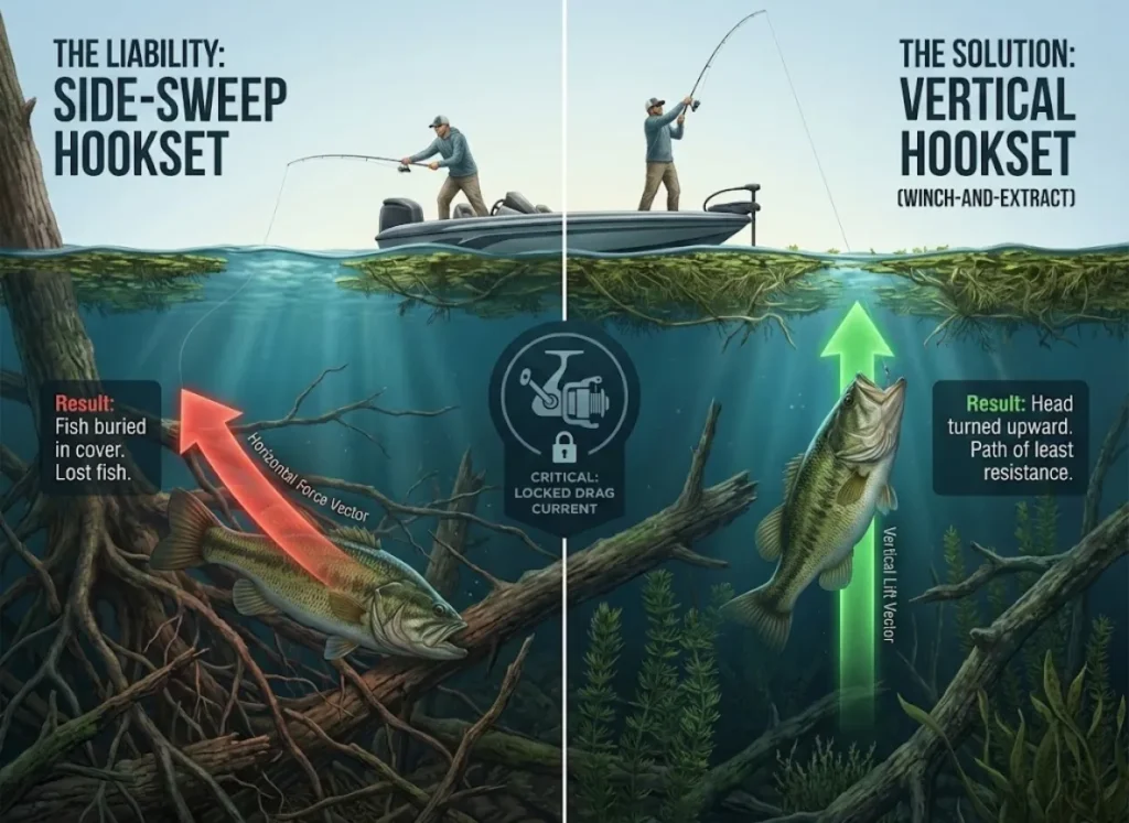 A comparative infographic showing two panels in a cross-section of a lake with heavy cover. The left panel, labeled "THE LIABILITY: SIDE-SWEEP HOOKSET," shows a red horizontal force vector pulling a bass into roots. The right panel, labeled "THE SOLUTION: VERTICAL HOOKSET," shows a green vertical force vector pulling a bass straight up through the surface mat.