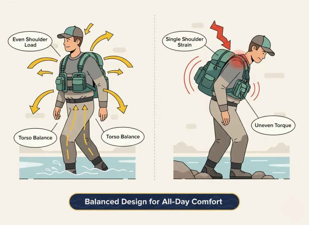 Side-by-side infographic comparing the ergonomic benefits of a fishing vest versus a sling pack, illustrating balanced weight distribution across the torso and shoulders for the vest, contrasted with concentrated pressure on one shoulder for the sling pack, in a vibrant explainer cartoon style.