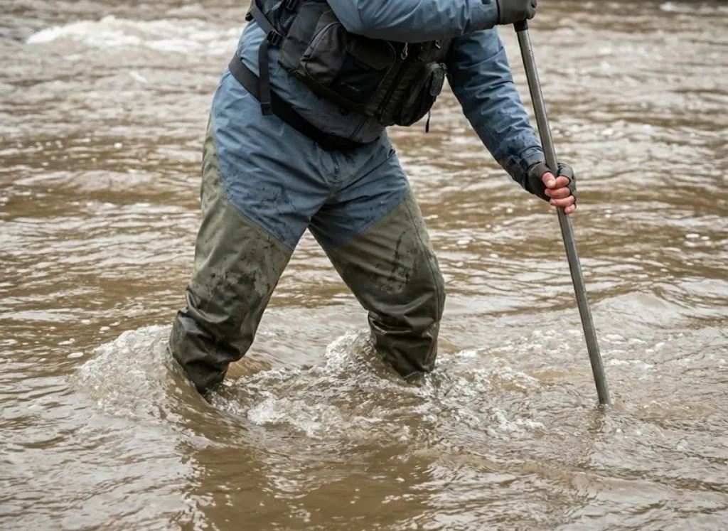 Angler's legs in waders fighting a strong current, using a wading staff for stability while wearing a life jacket.