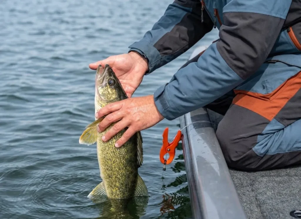 Angler releasing a walleye into the water using a descending device.