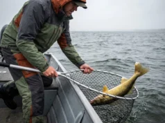 Walleye Facts That Will Change How You Fish Angler netting a large walleye in choppy water under overcast skies.