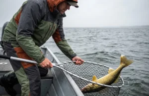 Walleye Facts That Will Change How You Fish Angler netting a large walleye in choppy water under overcast skies.