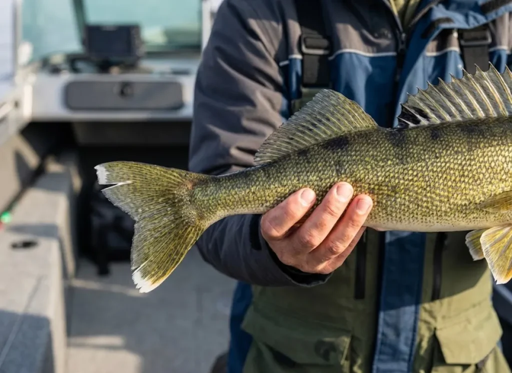 Close up of a walleye fish highlighting the white tip on the tail fin.
