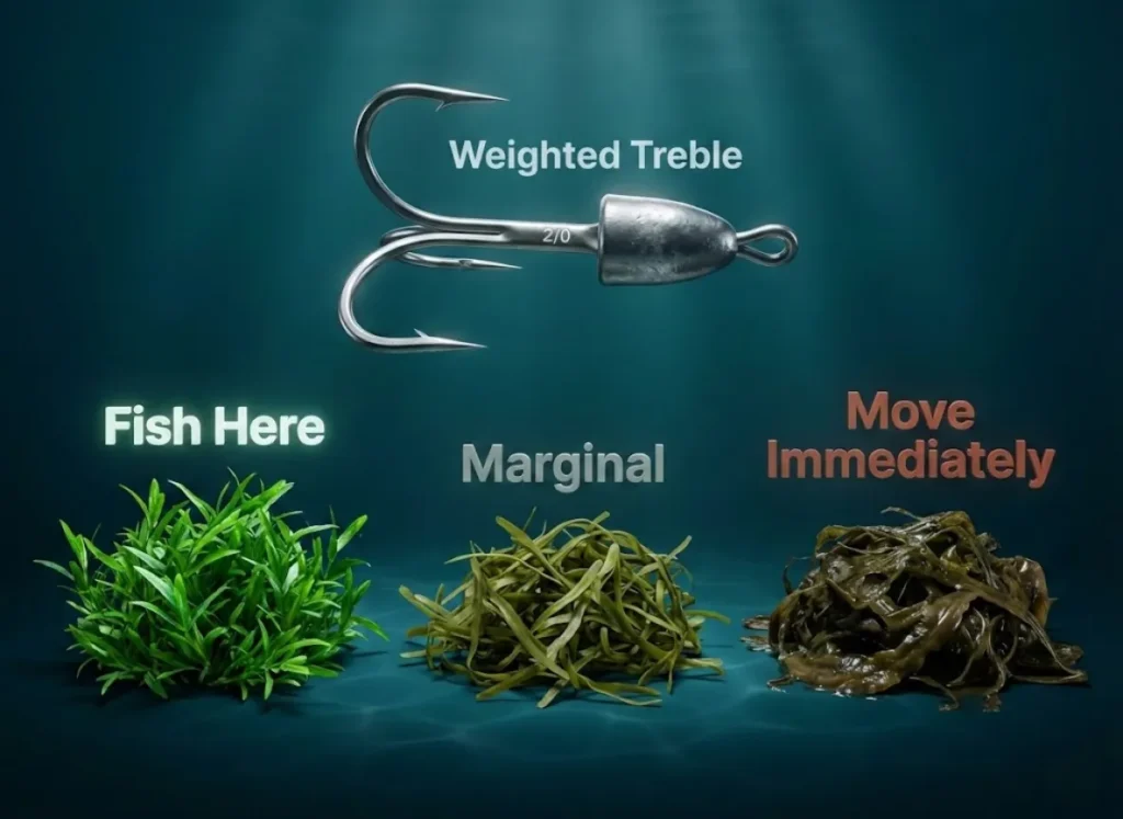 A premium infographic illustrating the Weighted Treble fishing technique. The visual features a detailed close-up of a weighted treble hook and a comparative analysis of three aquatic weed samples: crisp bright green (labeled "Fish Here"), dull olive, and decaying brown (labeled "Move Immediately").
